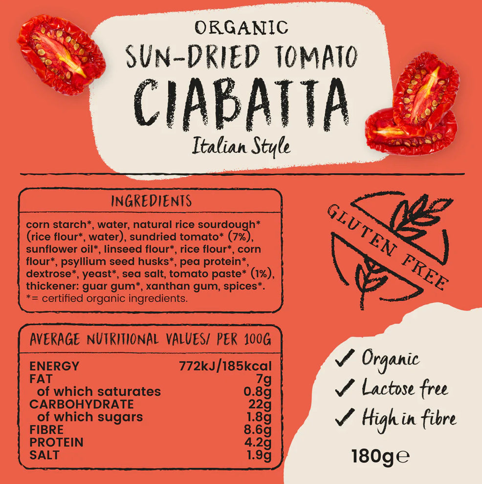 Amisa - Organic Italian Style Sun-dried Tomato Ciabatta - 180g FROZEN