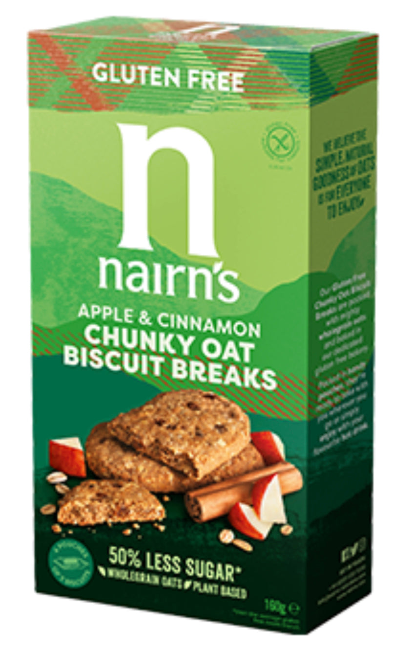 Nairns - Chunky Oat Biscuit Breaks: Apple & Cinnamon - GF - 160g (BB: 2Nov23)
